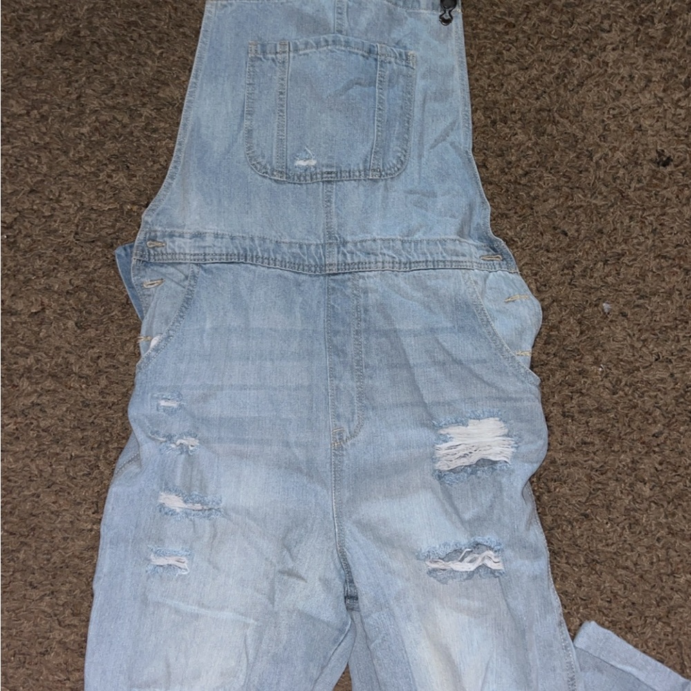 Black Label Light Blue Distressed Denim Overalls